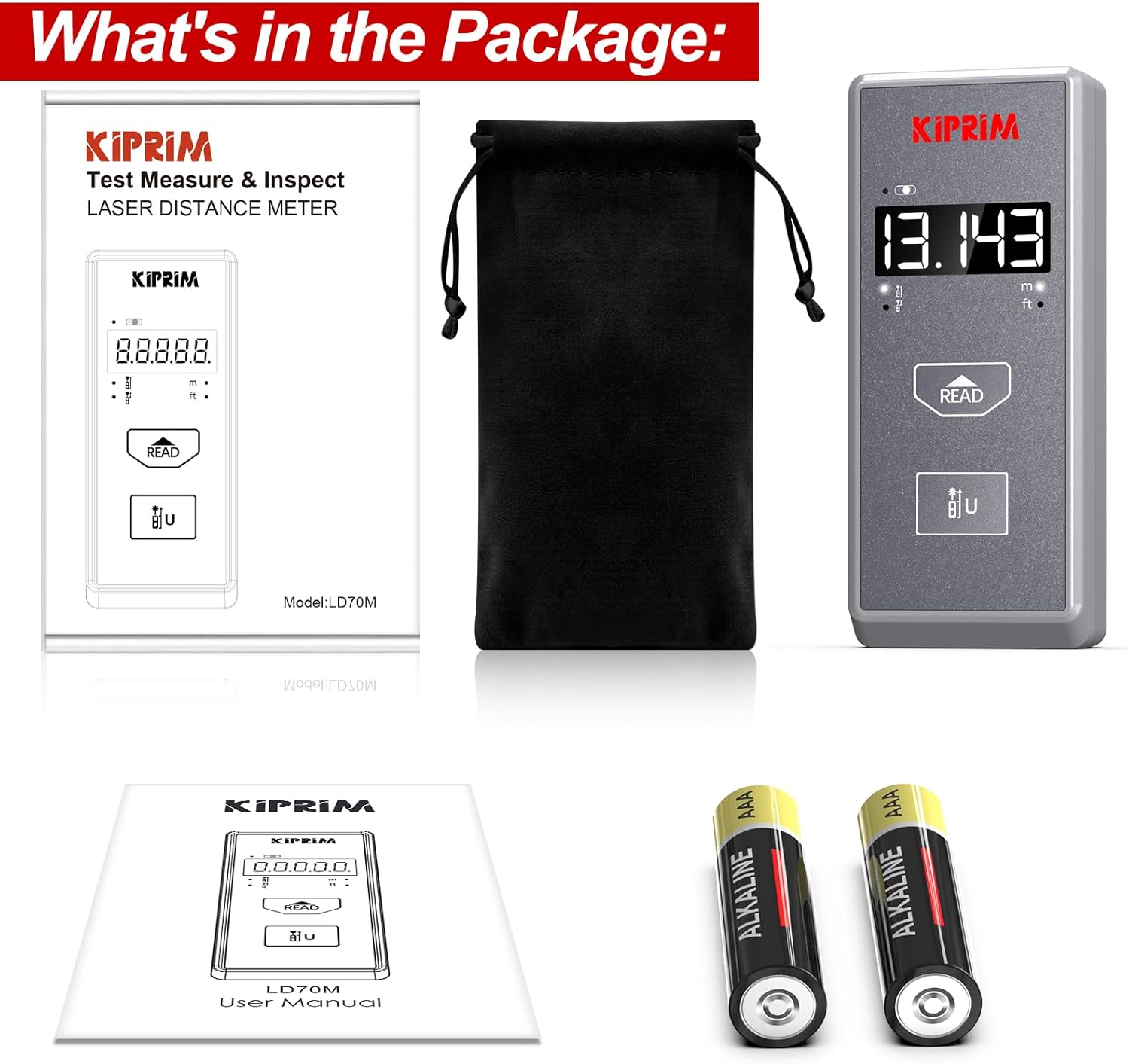 Kiprim® Laser-Entfernungsmesser 70 m LD70M mit Einheitenwechsel m/ft und variablem Referenzpunkt