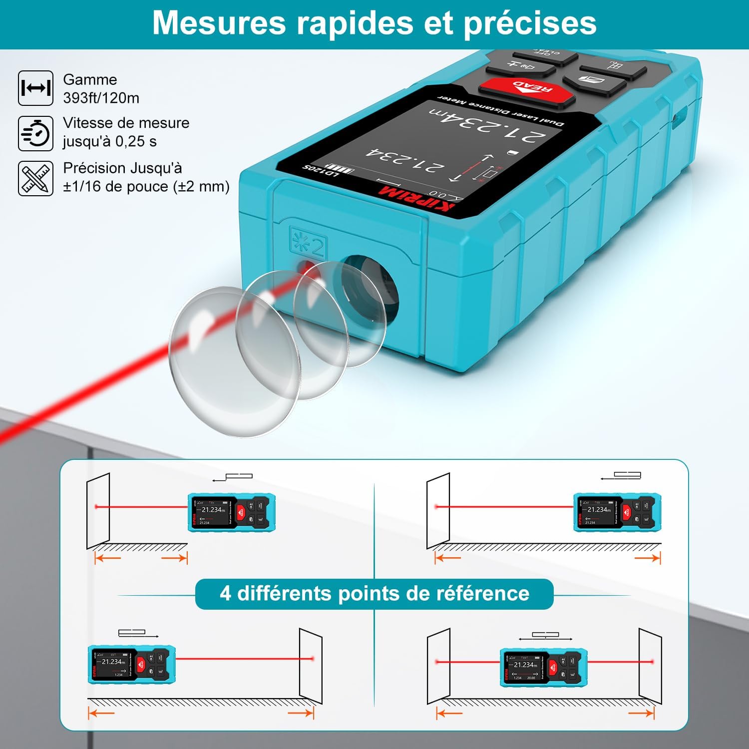 Kiprim® LD120S Laser-Entfernungsmesser 120 m mit digitalem Niveau, präziser Messung & Pythagoras-Funktion