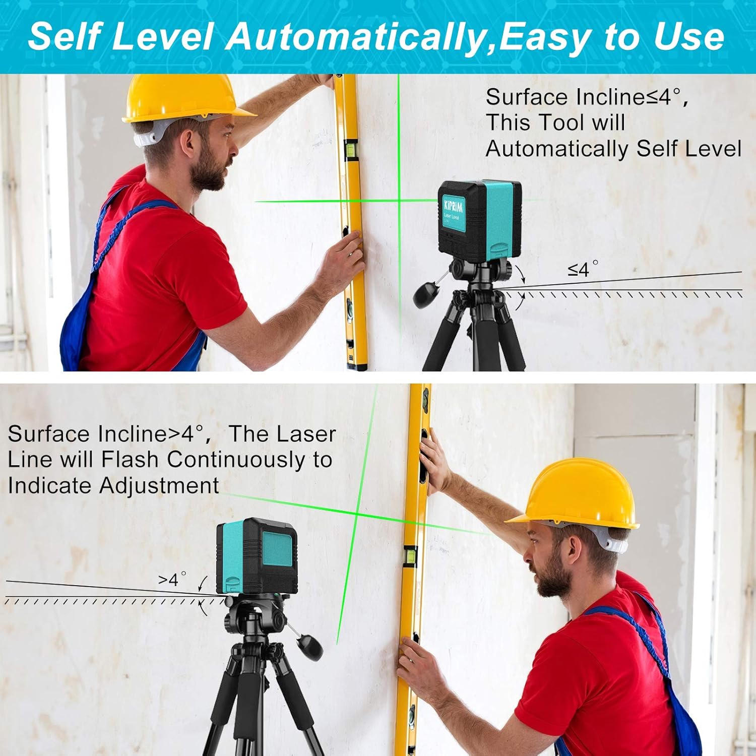Kiprim® Kreuzlinienlaser selbstnivellierend mit grünem Strahl für Bau & Heimwerken inkl. Tasche & Batterien