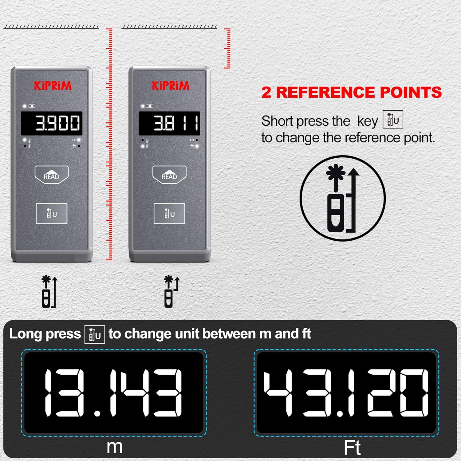 Kiprim® Laser-Entfernungsmesser 70 m LD70M mit Einheitenwechsel m/ft und variablem Referenzpunkt