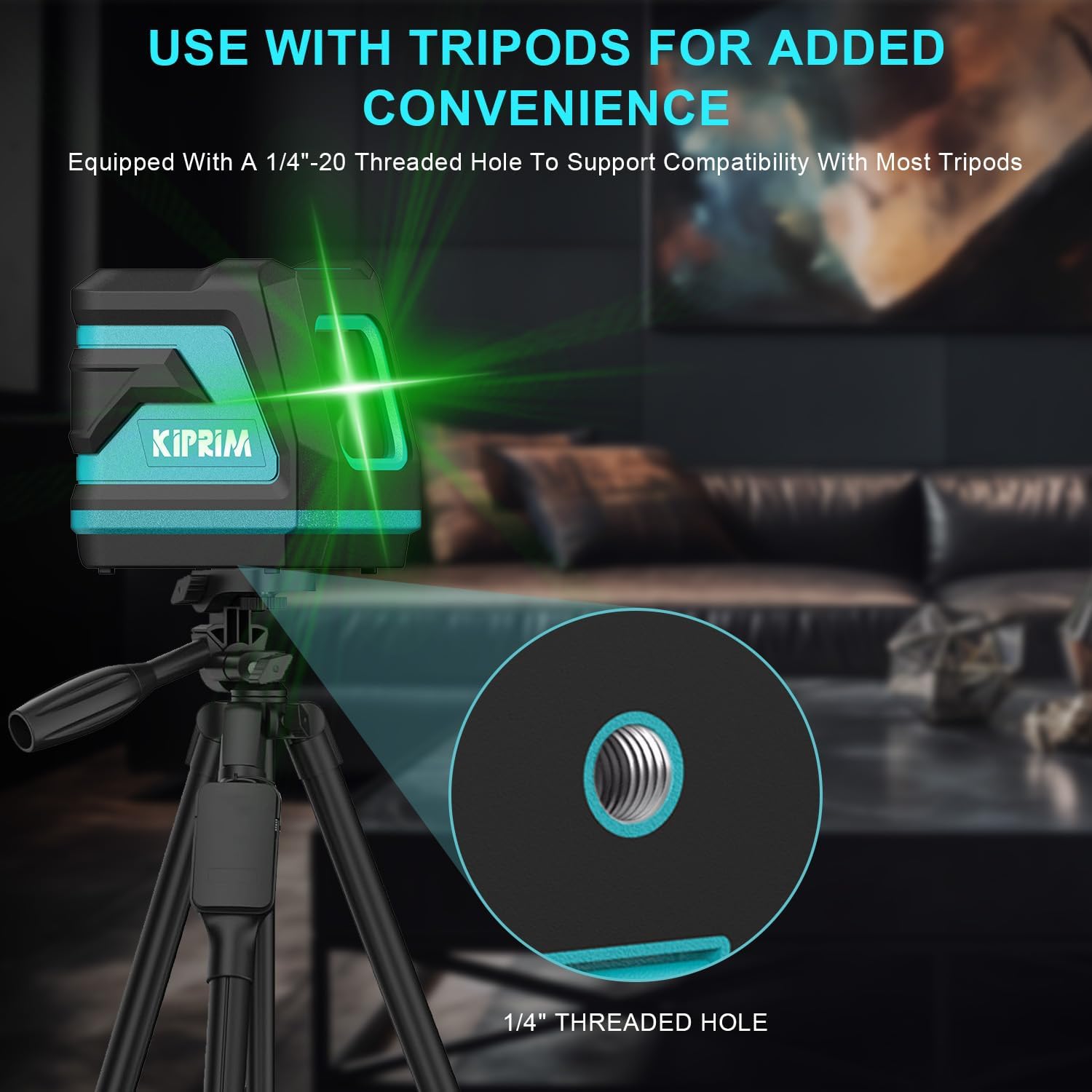Kiprim green laser cross line level mounted on tripod showing 1/4 threaded hole for compatibility