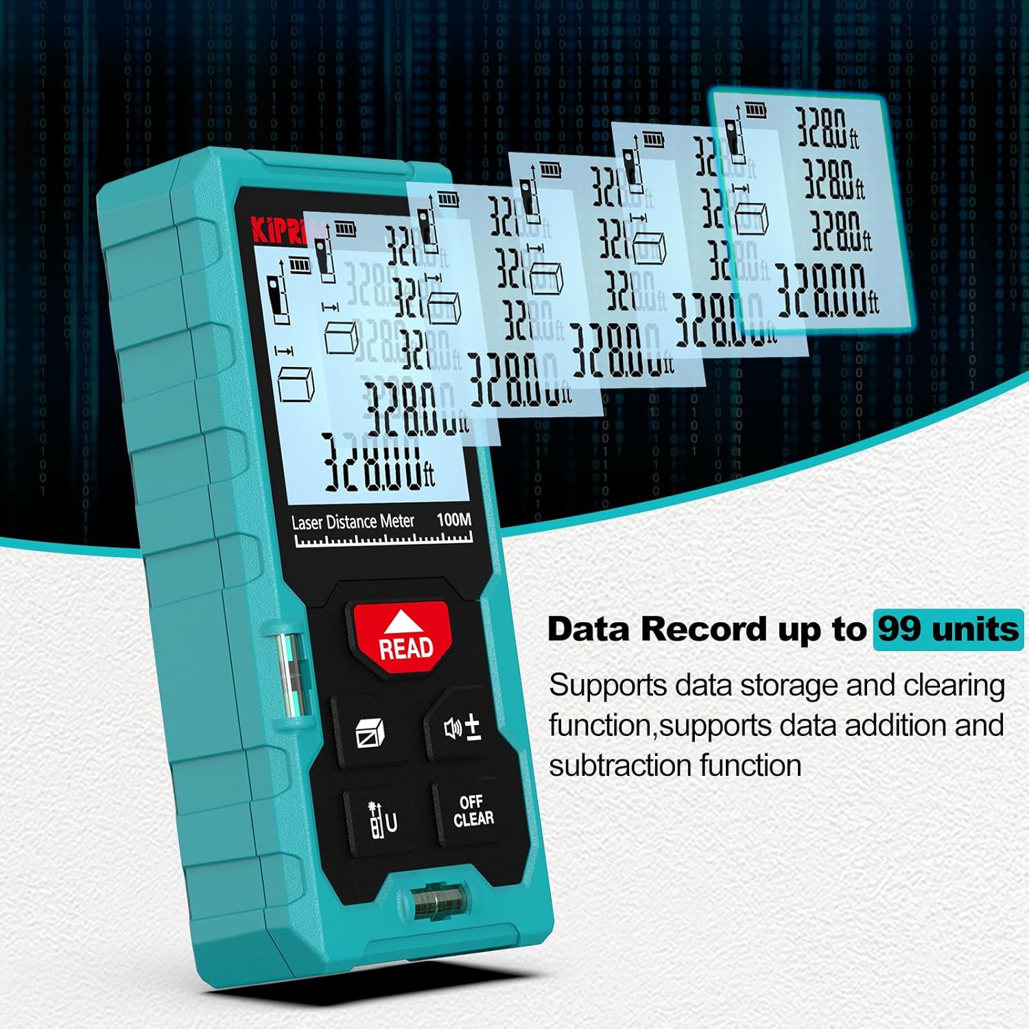 Kiprim laser distance meter 100m in teal blue with digital display and multiple measurement readings