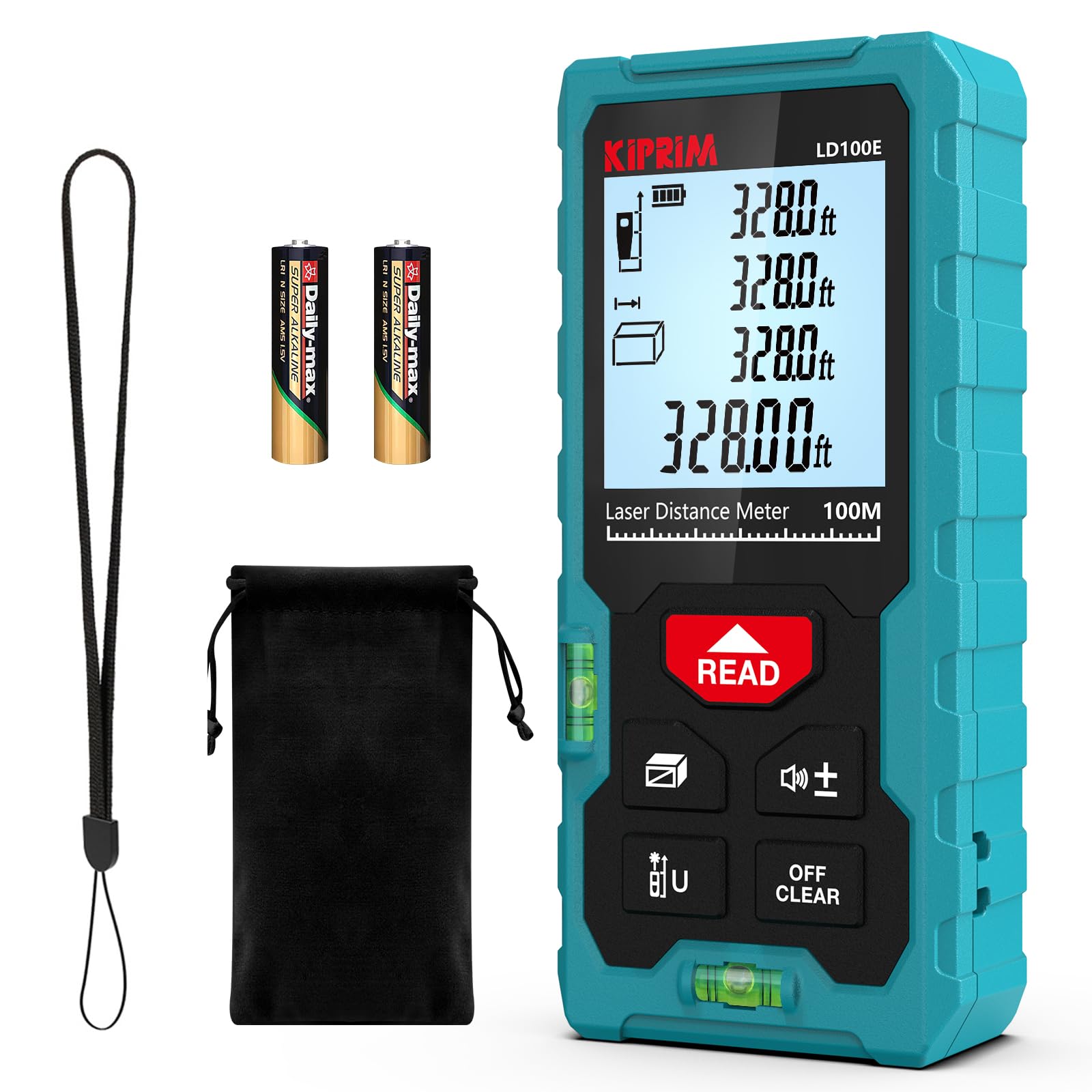 Kiprim laser distance meter 100m in blue with digital display, batteries, carrying pouch, and wrist strap
