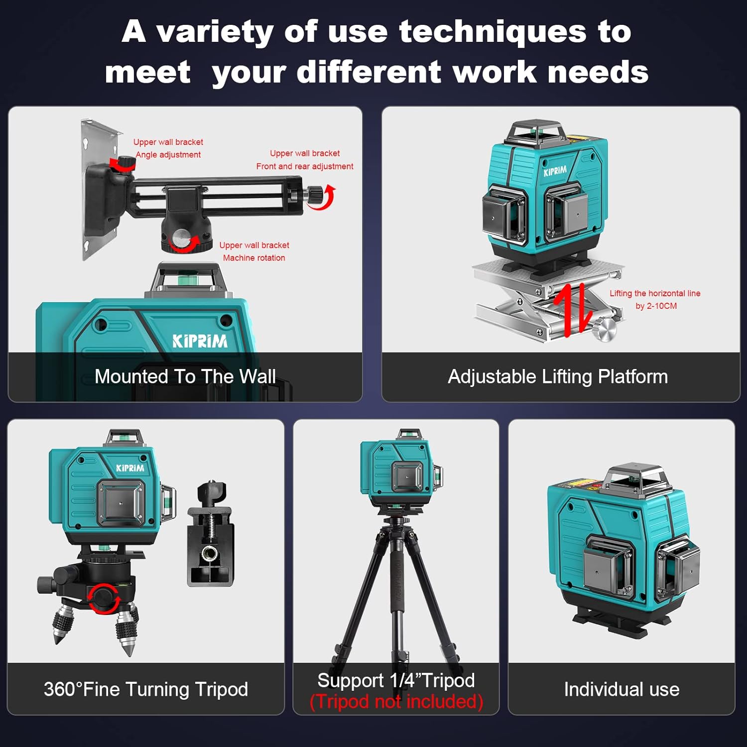 Kiprim LV4D 4x360 Professional Linienlaser 16 Linien 40M showing various mounting techniques and adjustable features.