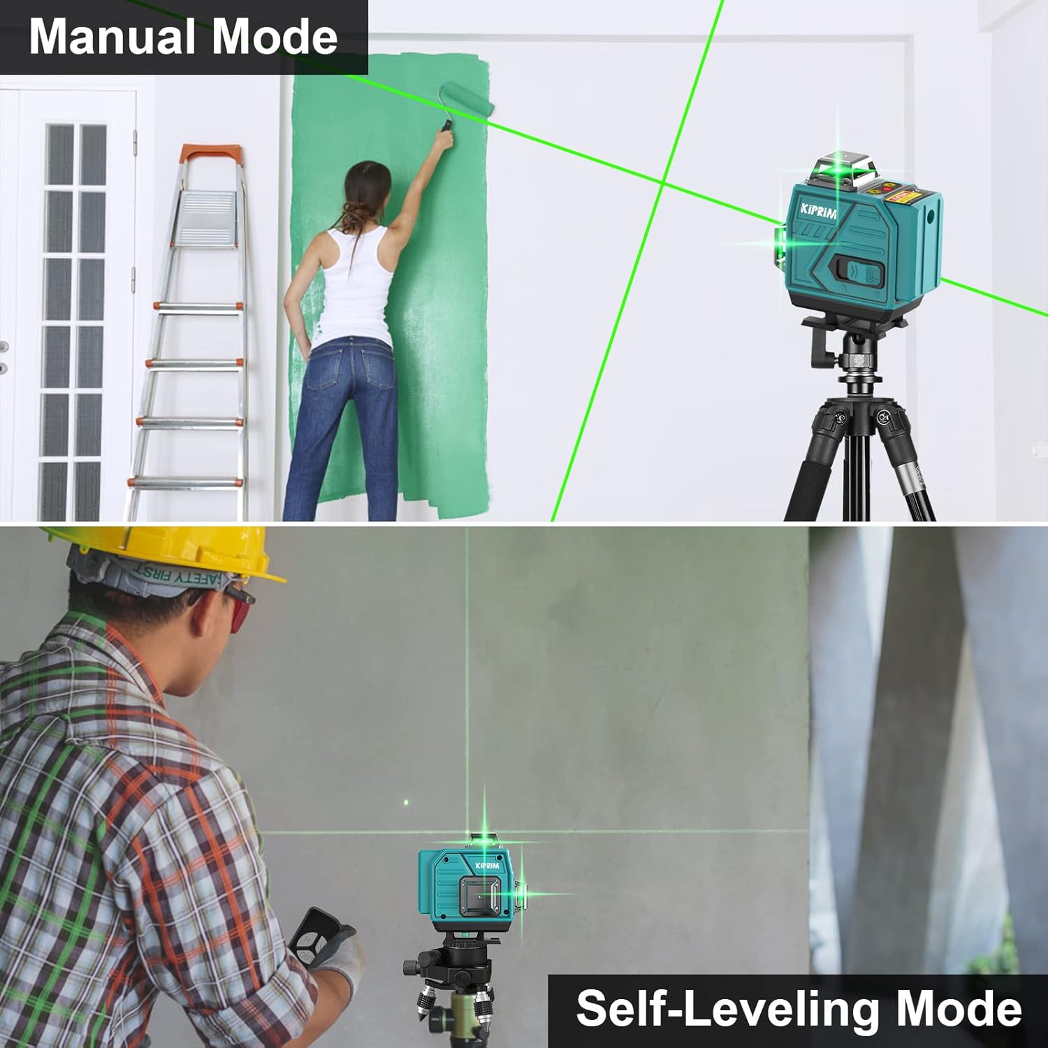 Kiprim LV4D 4x360 Professional Linienlaser 16 Linien 40M in use with manual and self-leveling modes during painting.