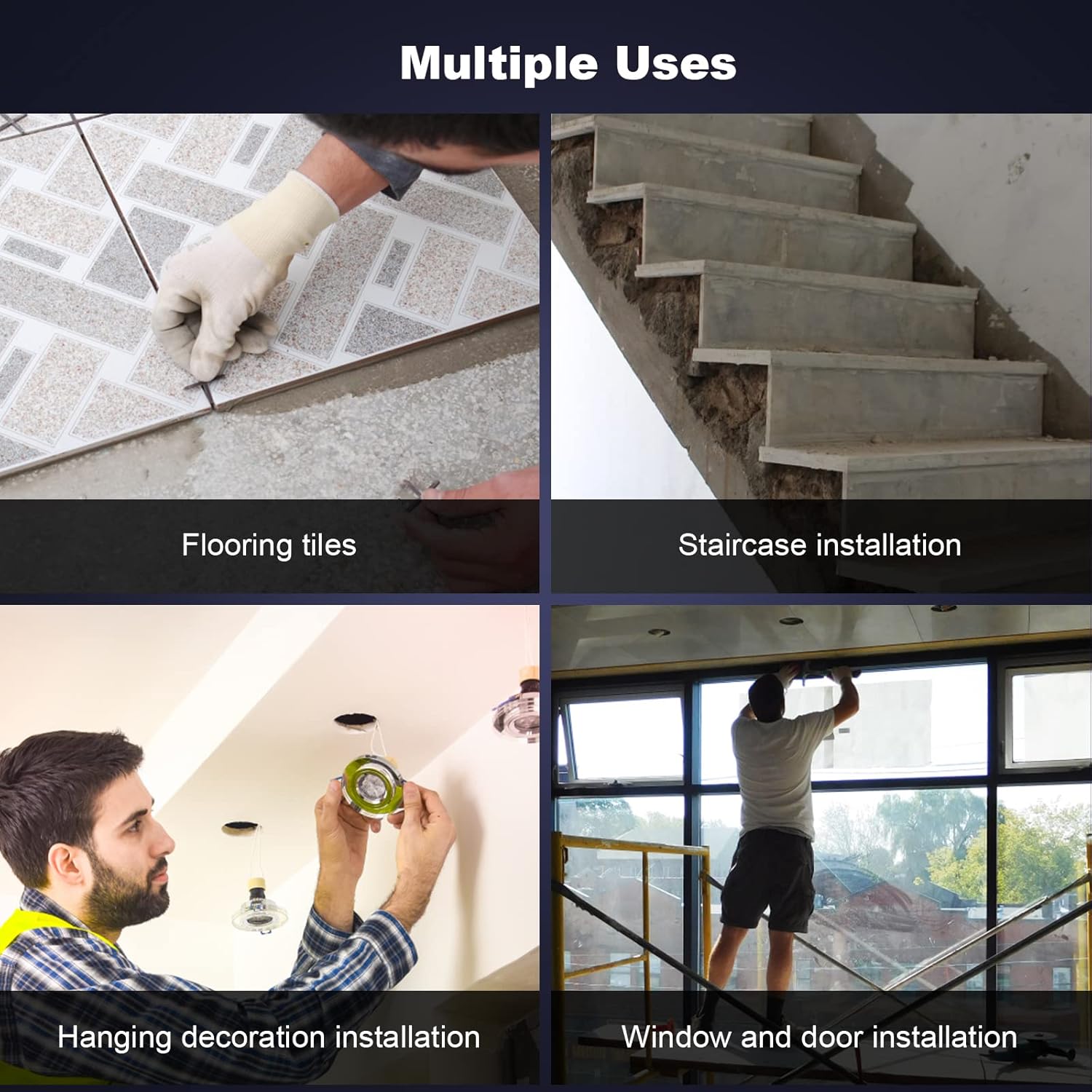 Multiple uses of Kiprim LV4D 4x360 Professional Linienlaser 16 Linien 40M in flooring, stair, decoration, and window installations.