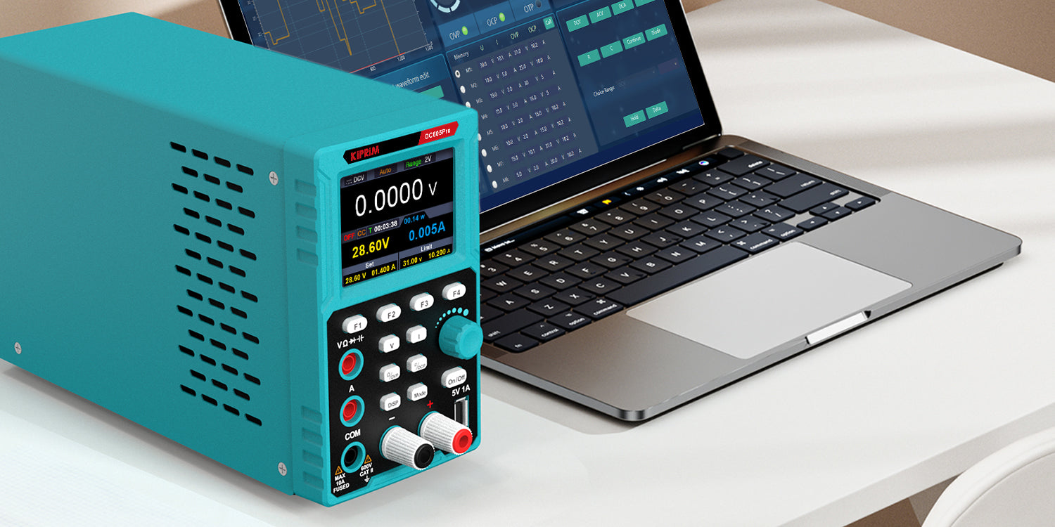 DC605Pro Programmable Power Supply showcased next to a laptop on a desk, featuring a digital display and control knobs.
