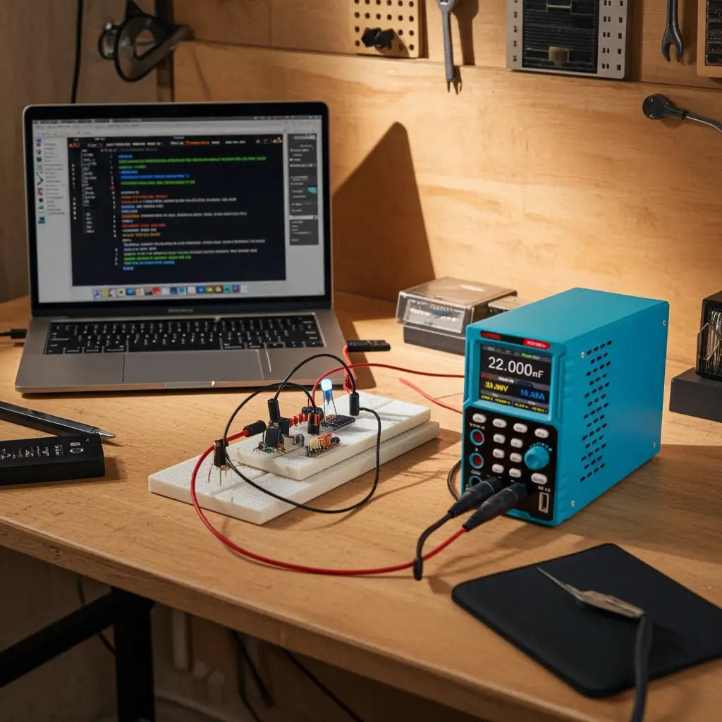 DC Power Supply connected to a circuit board with a laptop displaying code on a workbench.