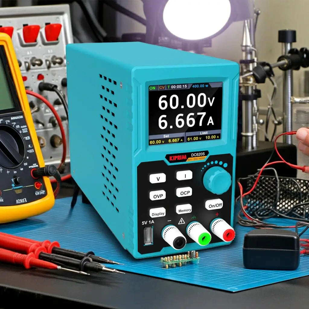 DC Power Supply displaying voltage and current readouts on a workbench with tools around.