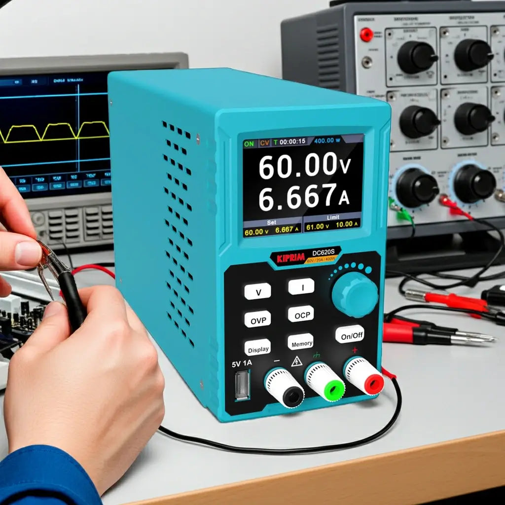 DC Power Supply in use, displaying 60.00v and 6.667A, showcasing common setup mistakes.