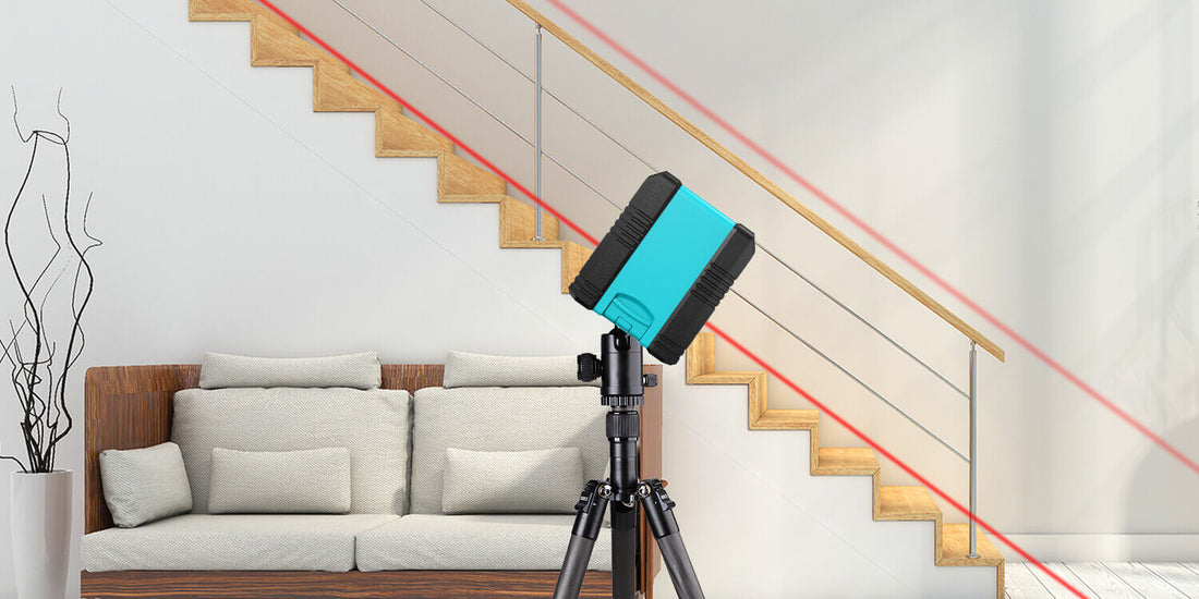 Laser Level in use, illuminating precise lines on a staircase, showcasing its application in home projects.