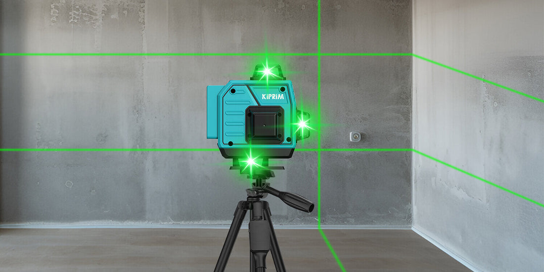 Laser Levels displayed on a tripod projecting green lines in a concrete room for precise alignment.