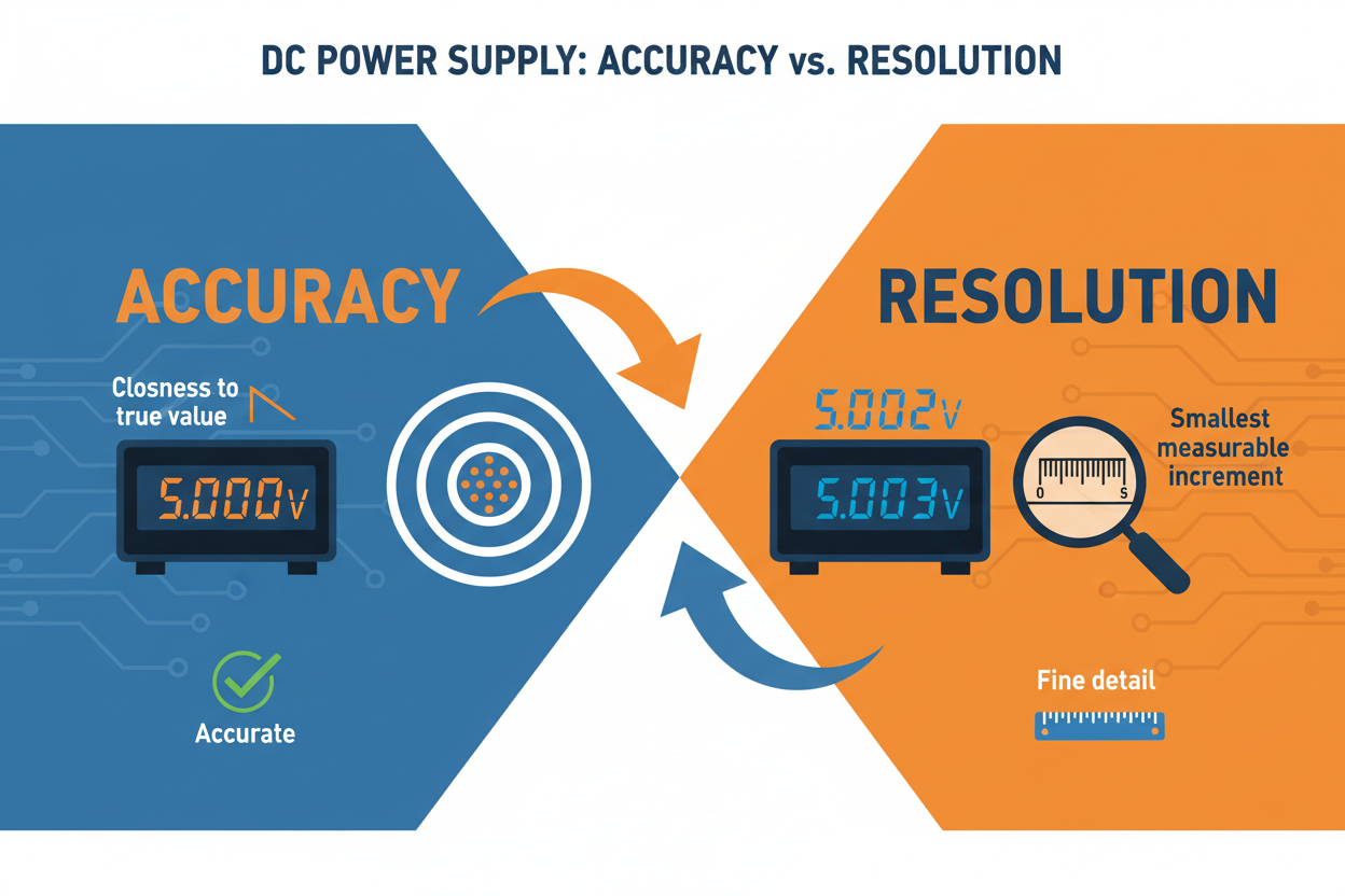 DC Power Supply: Accuracy vs. Resolution comparison infographic illustrating key differences in measurement.