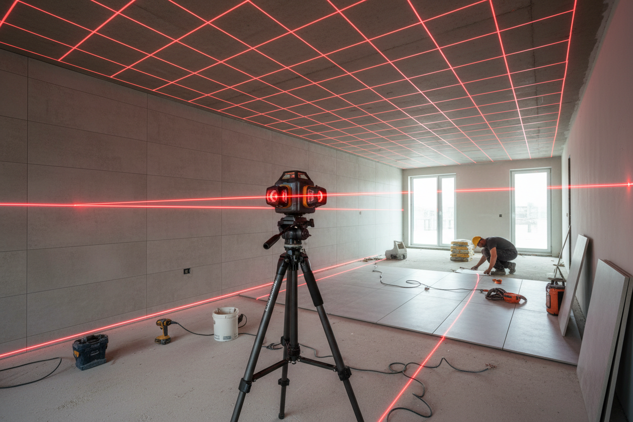 A laser level positioned on a tripod in a room with red laser lines marking the walls and ceiling for construction use.