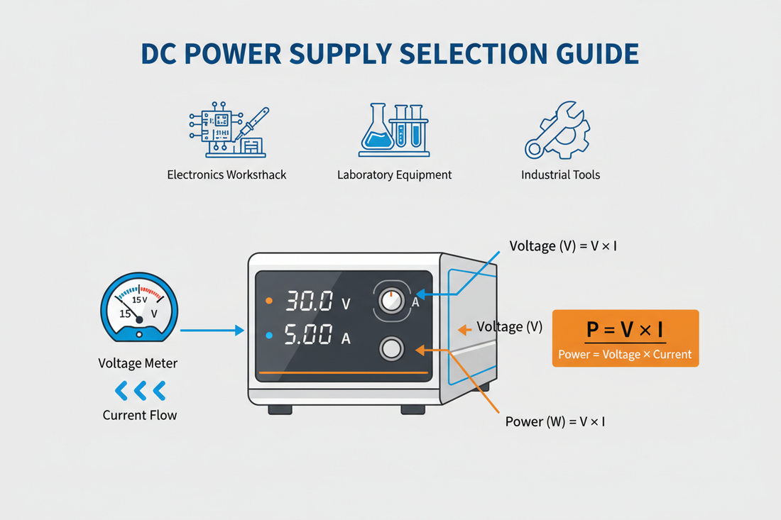 DC Power Supply selection guide illustrating voltage, current, and power relationships with lab equipment.