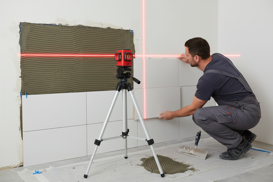 A worker using a laser level for precision tile installation on a wall, showcasing the laser's alignment.