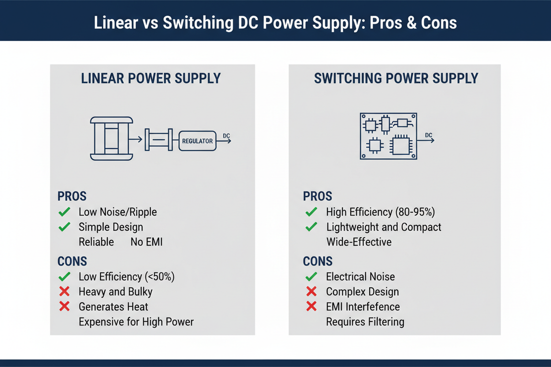 Comparison of Linear vs Switching DC Power Supply: Pros and Cons illustrated with graphics.