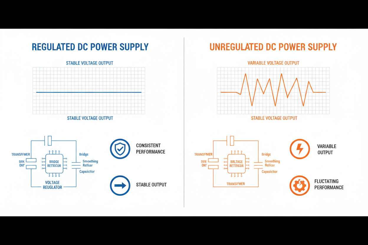 Comparison of regulated DC power supply with stable voltage output and unregulated DC power supply with variable output.