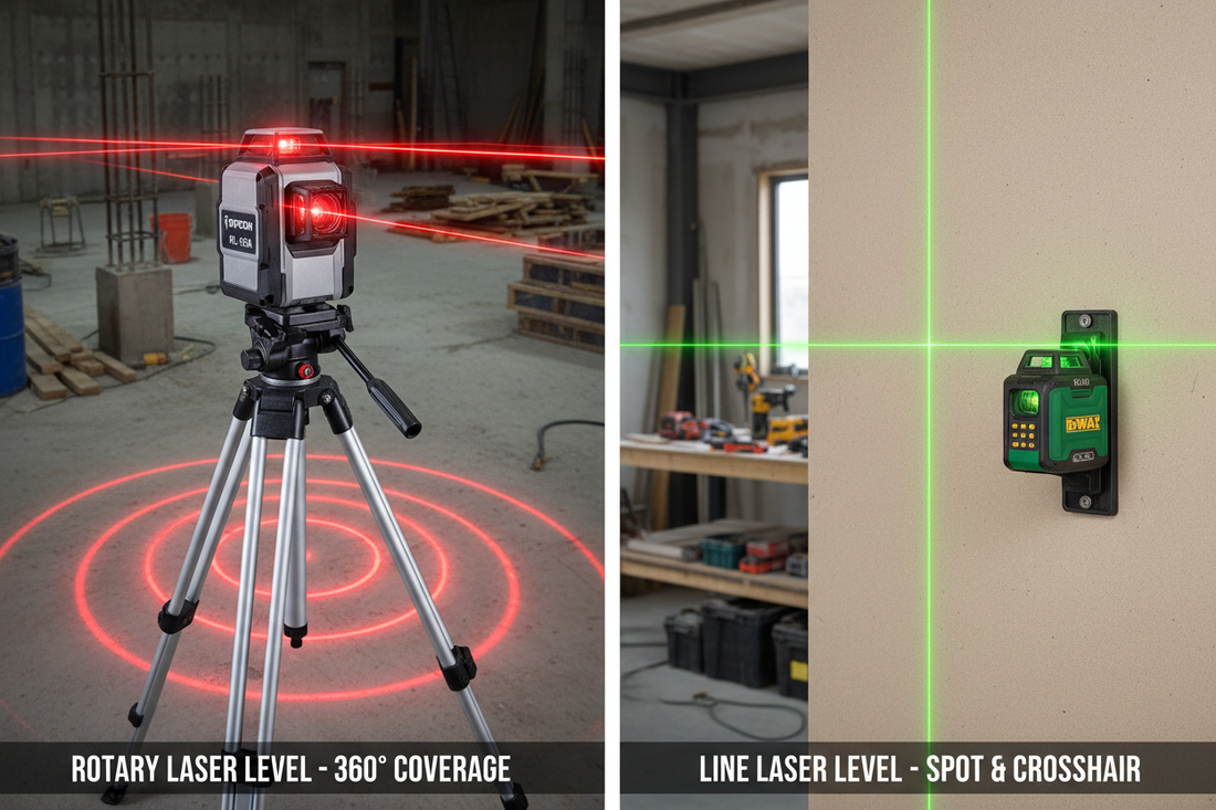 Comparison of Rotary Laser Level and Line Laser Level showcasing features and uses in construction projects.