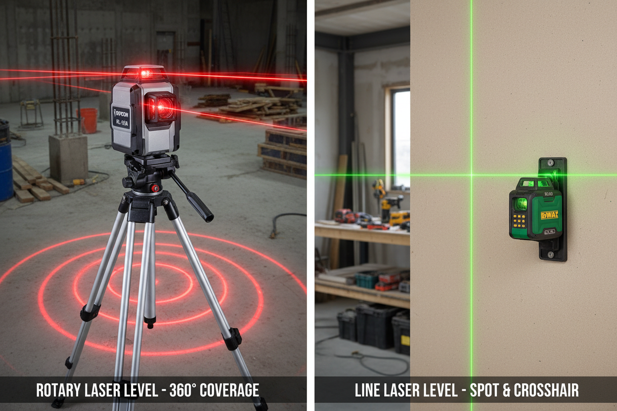 Comparison of Rotary Laser Level and Line Laser Level showcasing features and uses in construction projects.