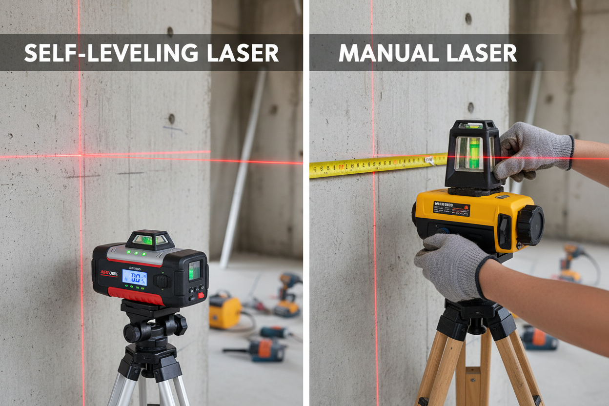 Comparison of Self-Leveling Laser and Manual Laser for construction use with measurement tools.