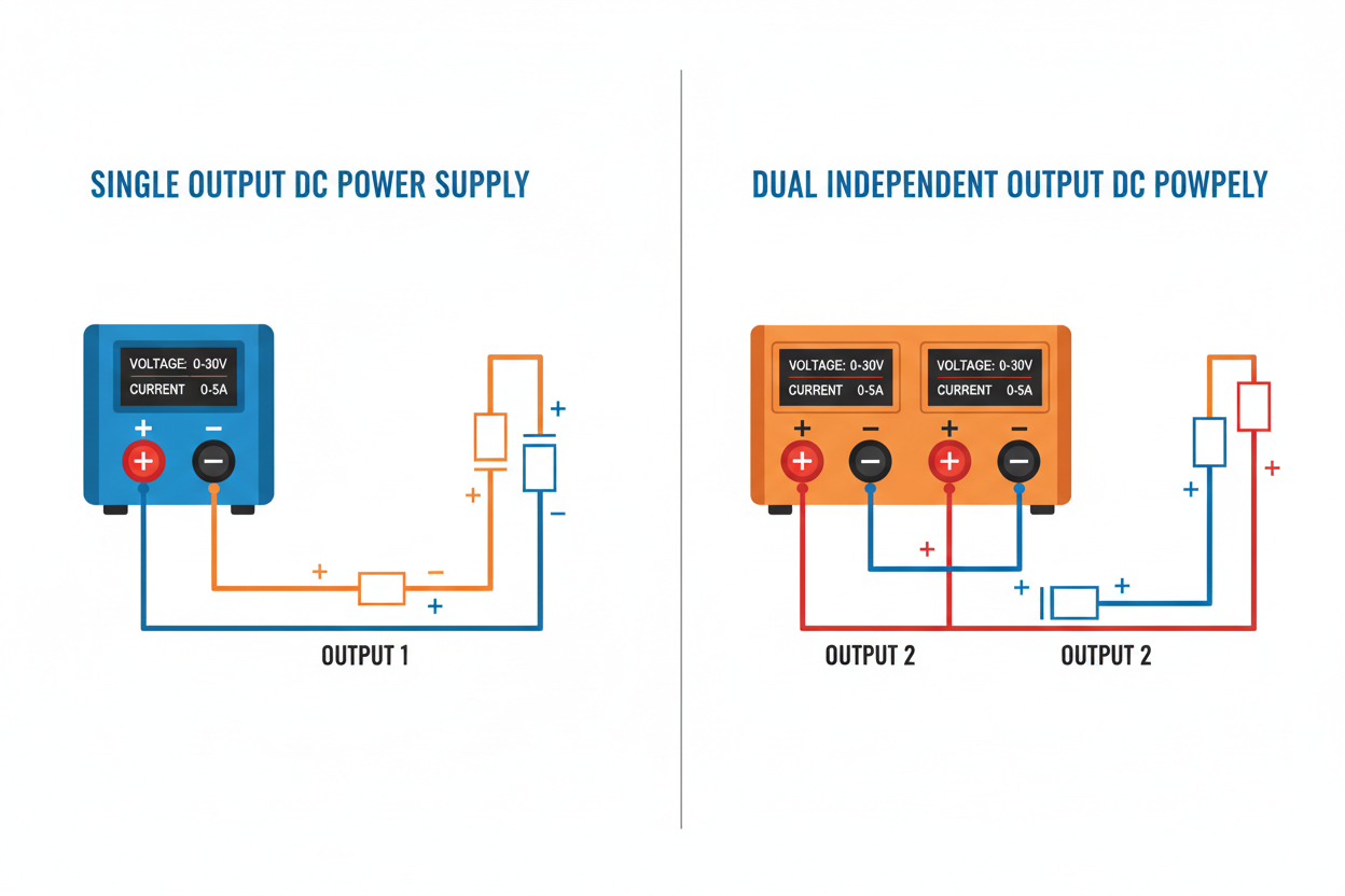Comparison of Single Output DC Power Supply and Dual Output DC Power Supply with voltage and current details