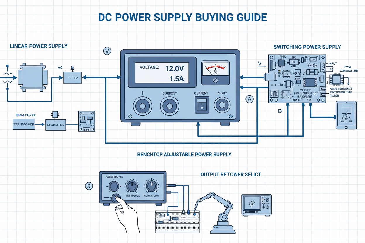 Diagram illustrating DC Power Supply types, including linear and switching power supply examples in a buying guide layout.