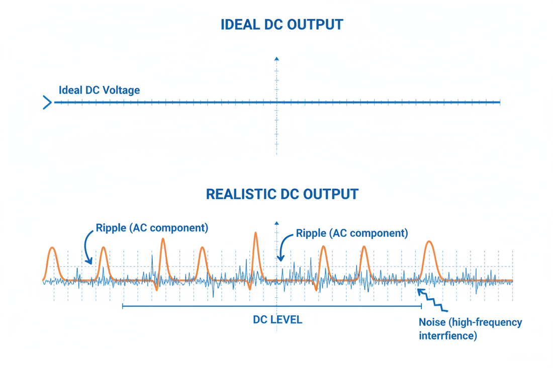 Comparison of ideal and realistic DC output showcasing ripple and noise in a DC Power Supply