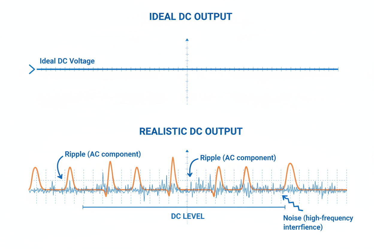 Comparison of ideal and realistic DC output showcasing ripple and noise in a DC Power Supply
