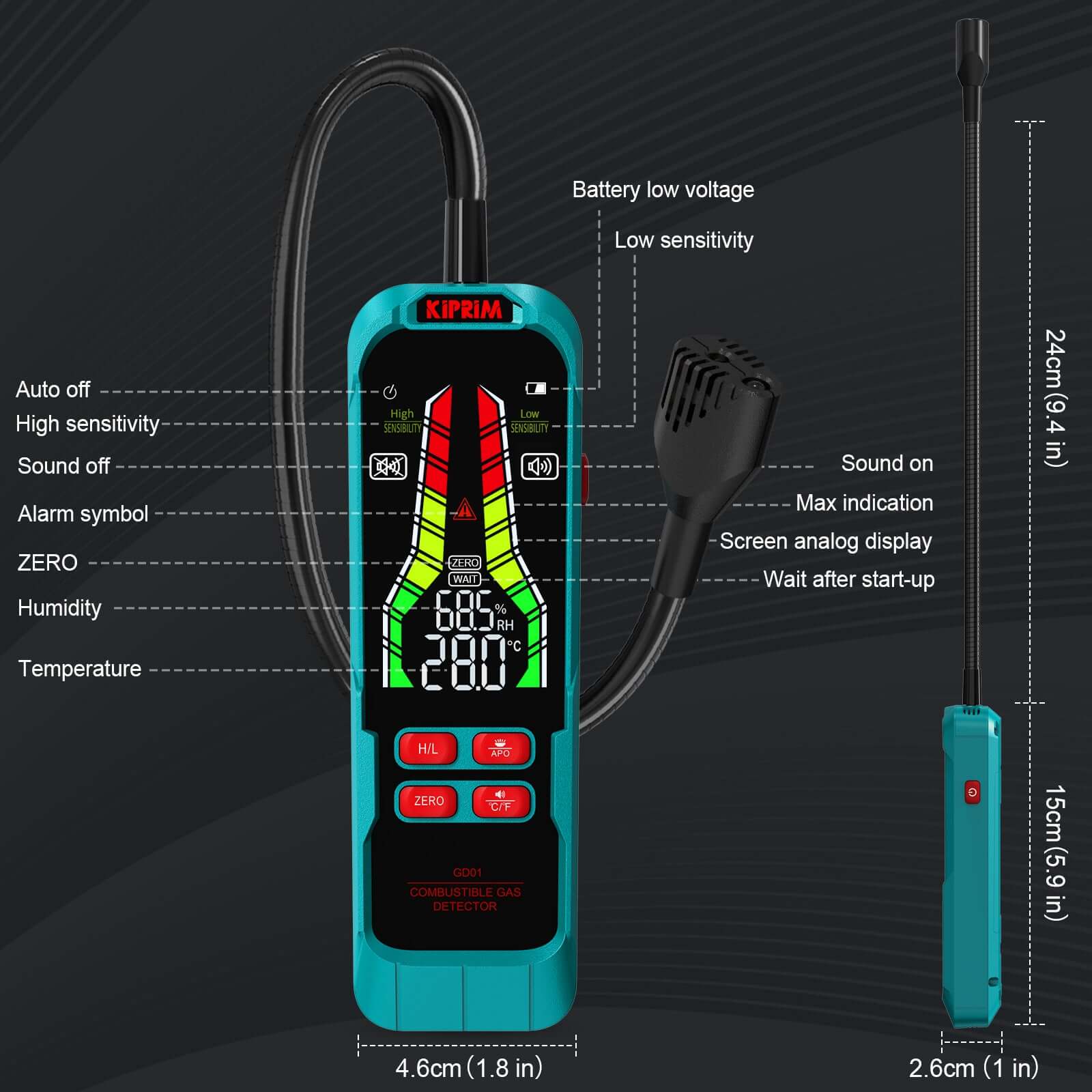 Kiprim GD01 Gas Leak Detector with 9.4-Inch Probe - Kiprim