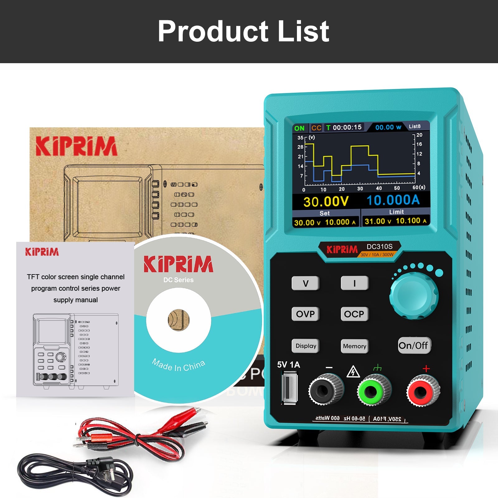 Kiprim DC310S Programmable DC Power Supply (0-30 V 0-10 A) 110V Input Kiprim