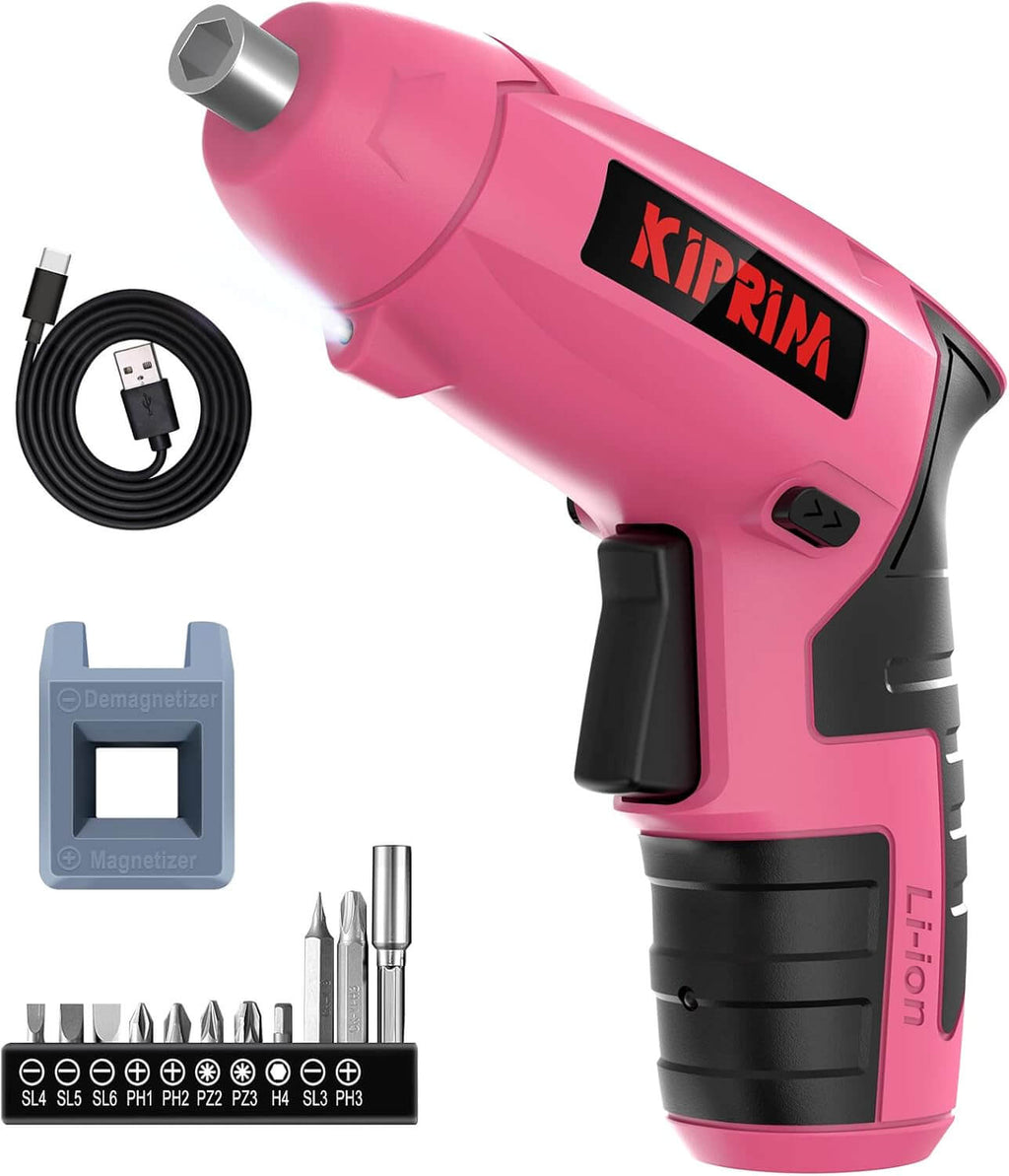 Kiprim ES5 Pink Electric Screwdriver with USB charger, magnetizer, and assorted bits for easy handling.