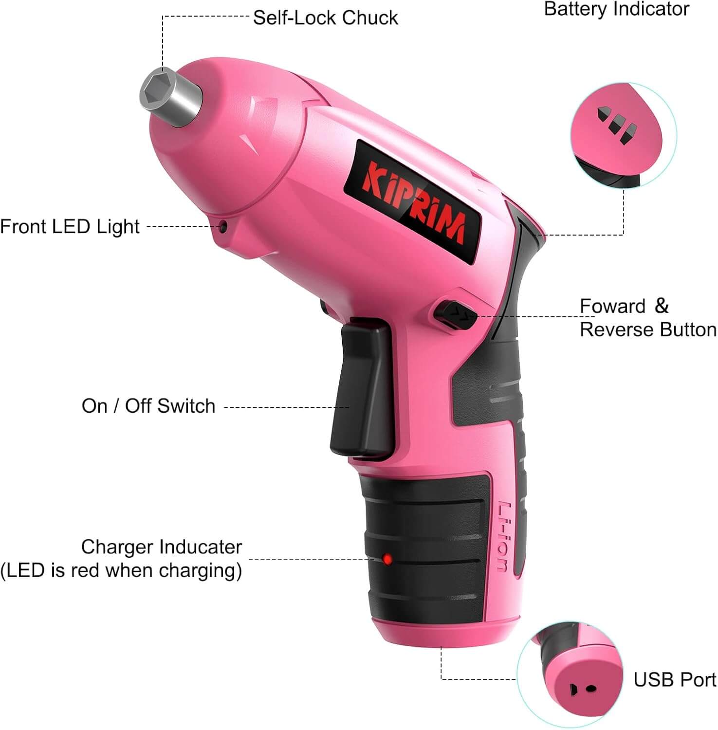 Kiprim ES5 Pink Electric Screwdriver features including LED light, USB port, and battery indicator.