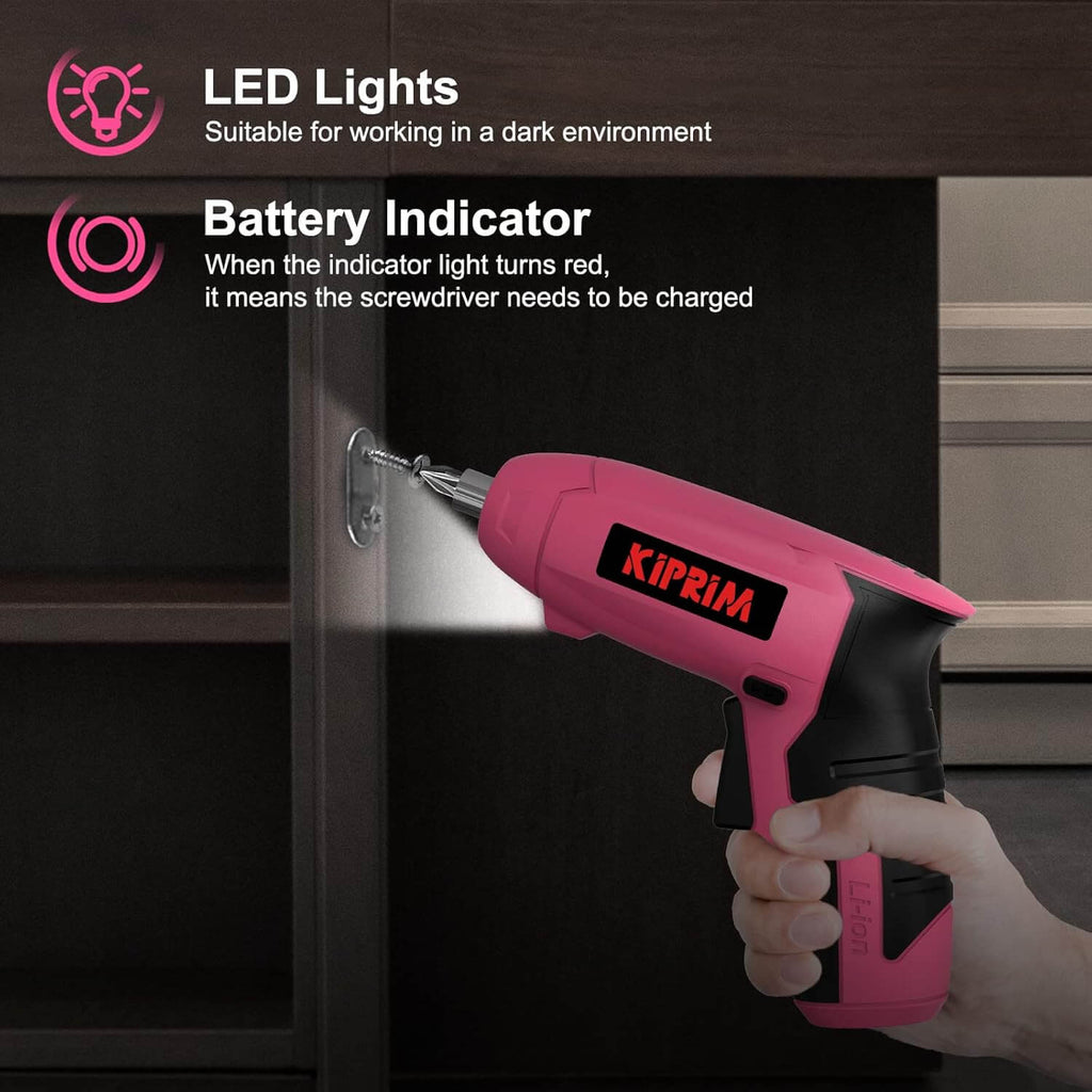 Kiprim ES5 Pink Electric Screwdriver features LED lights and battery indicator for easy use in low light conditions.