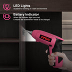 Kiprim ES5 Pink Electric Screwdriver features LED lights and battery indicator for easy use in low light conditions.