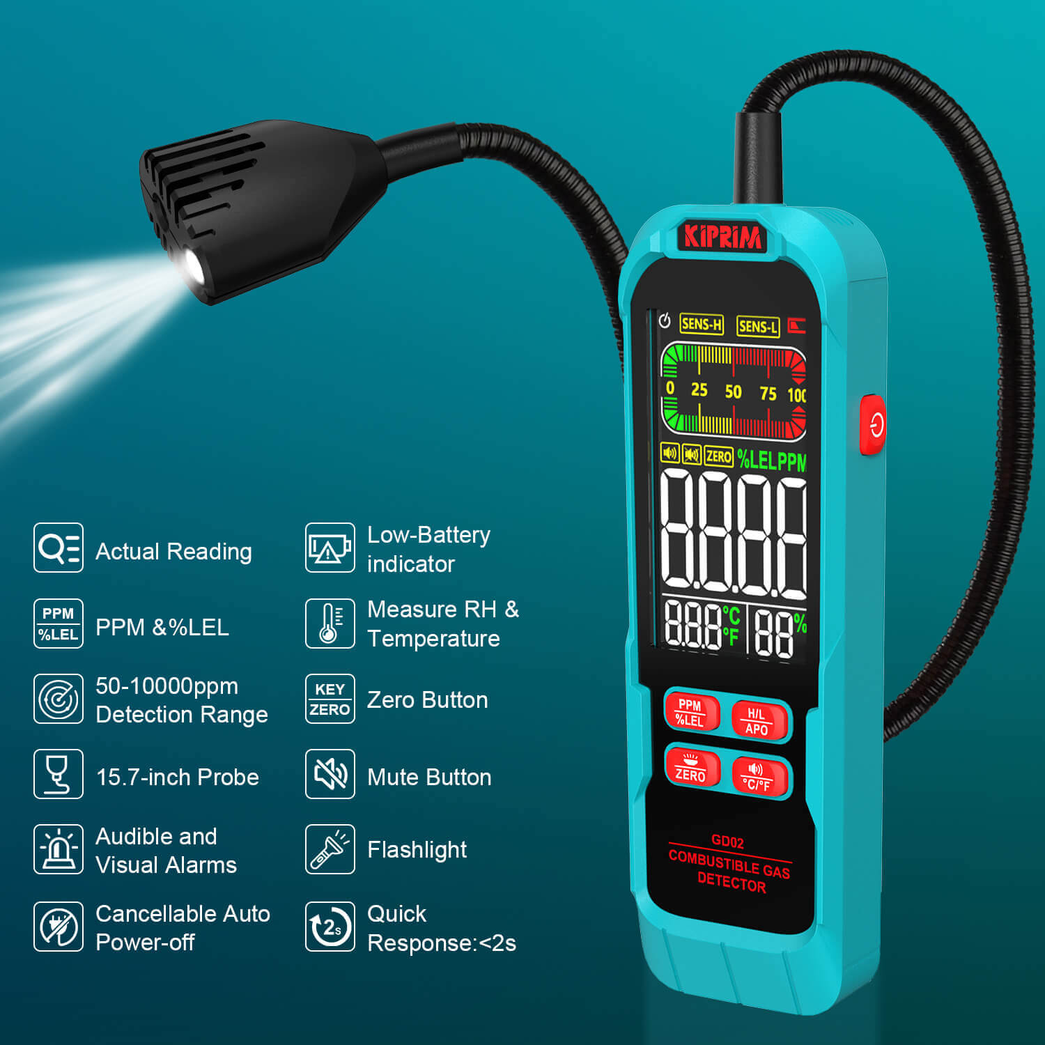 Kiprim GD02 Gas Leak Detector with Extended 15.7in Gooseneck - Kiprim