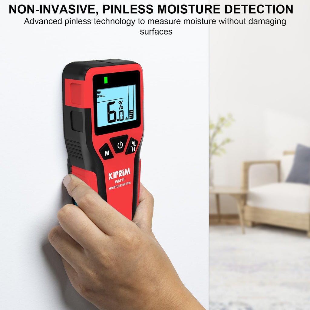 Kiprim WM11 Pinless Moisture Meter for Wood, Walls, Masonry – Accurate Non-Destructive Testing with Audible and Visual Alarm,4 Modes, Data Hold, and Mute Function