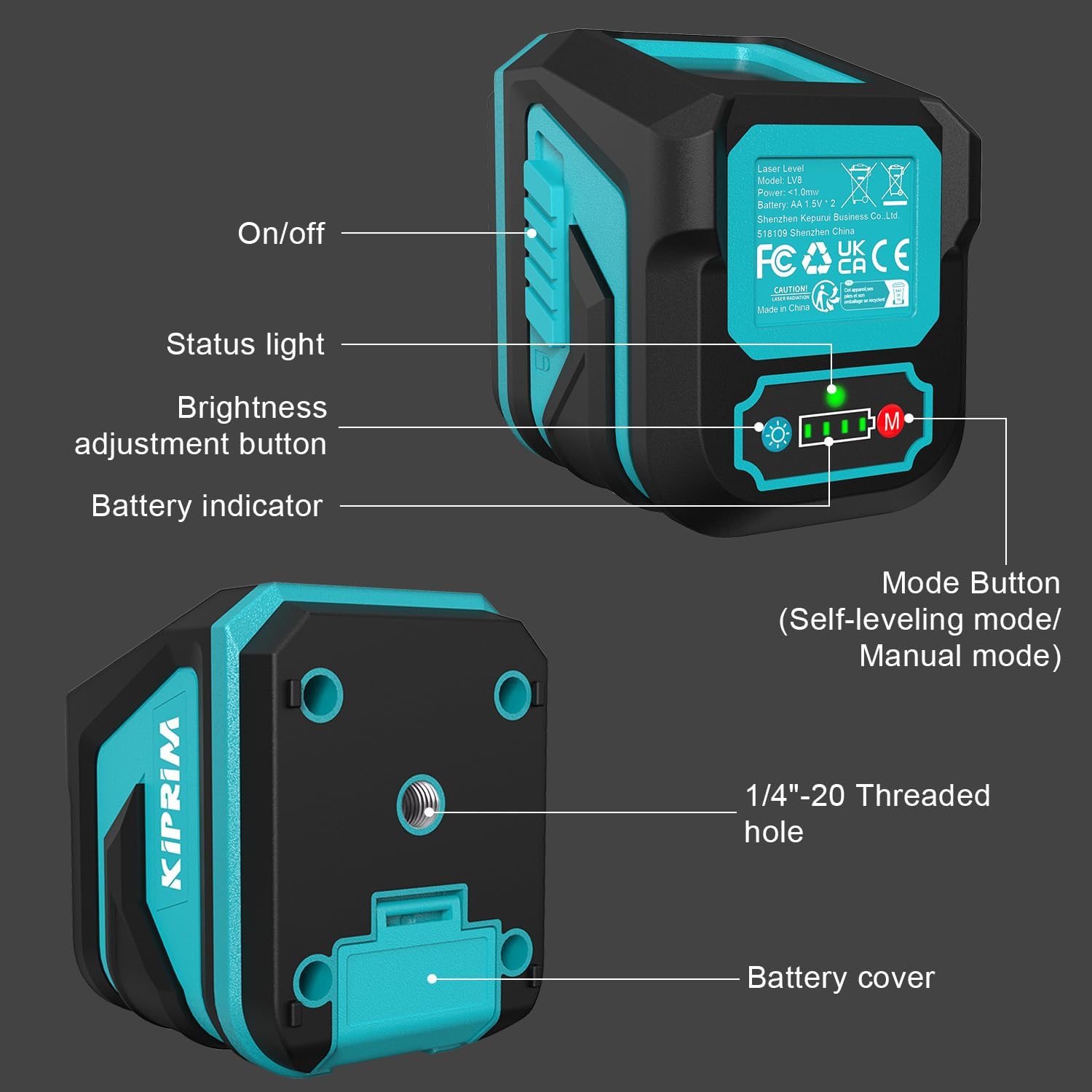 Kiprim® LV8 Grüner Laser-Kreuzlinienlaser mit Helligkeitsregulierung, Selbstnivellierung &amp; Pulsmodus, inkl. Batterien &amp; Tasche