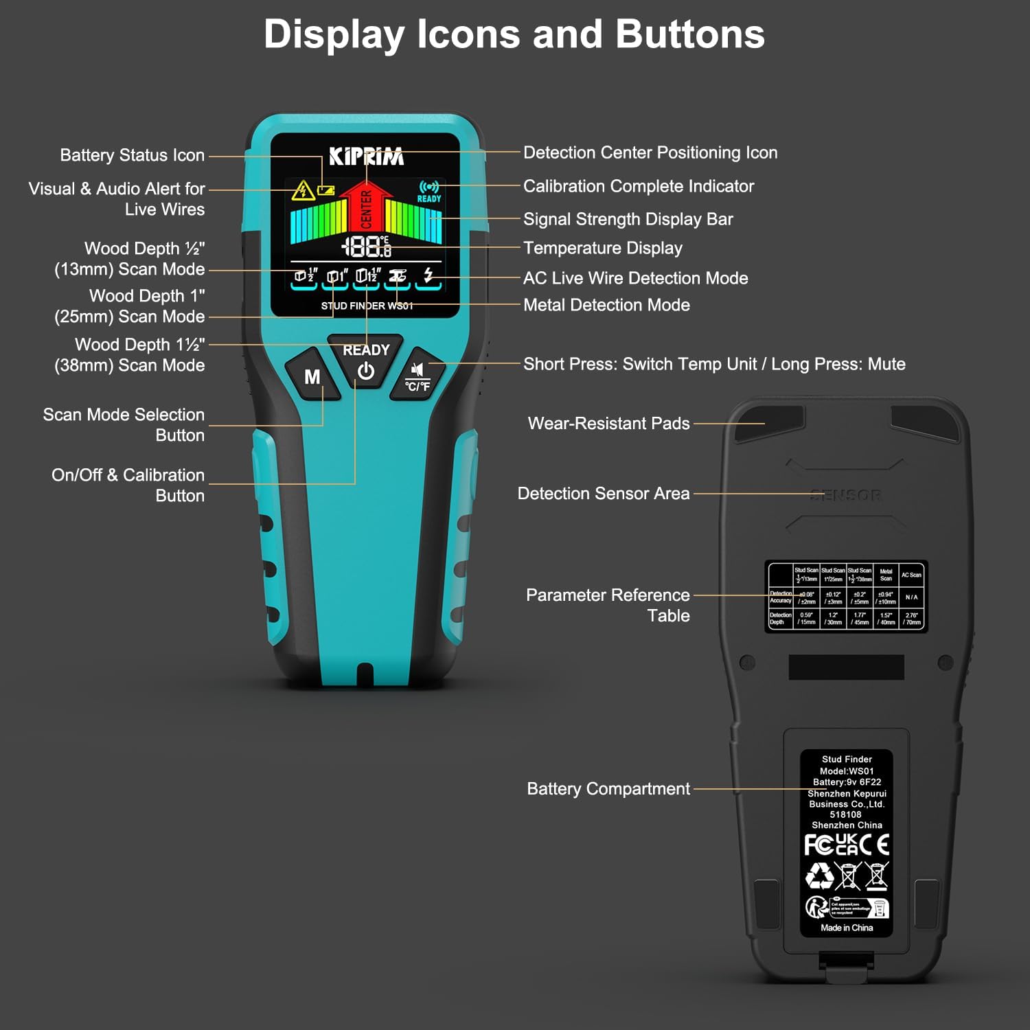 Kiprim Stud Finder Wall Scanner with LCD Display, 5-in-1 Electronic Stud Sensor for Wood, Metal, AC Live Wire Detection, 3 Depth Modes, Beep Warning, Wall Detector Tool WS01