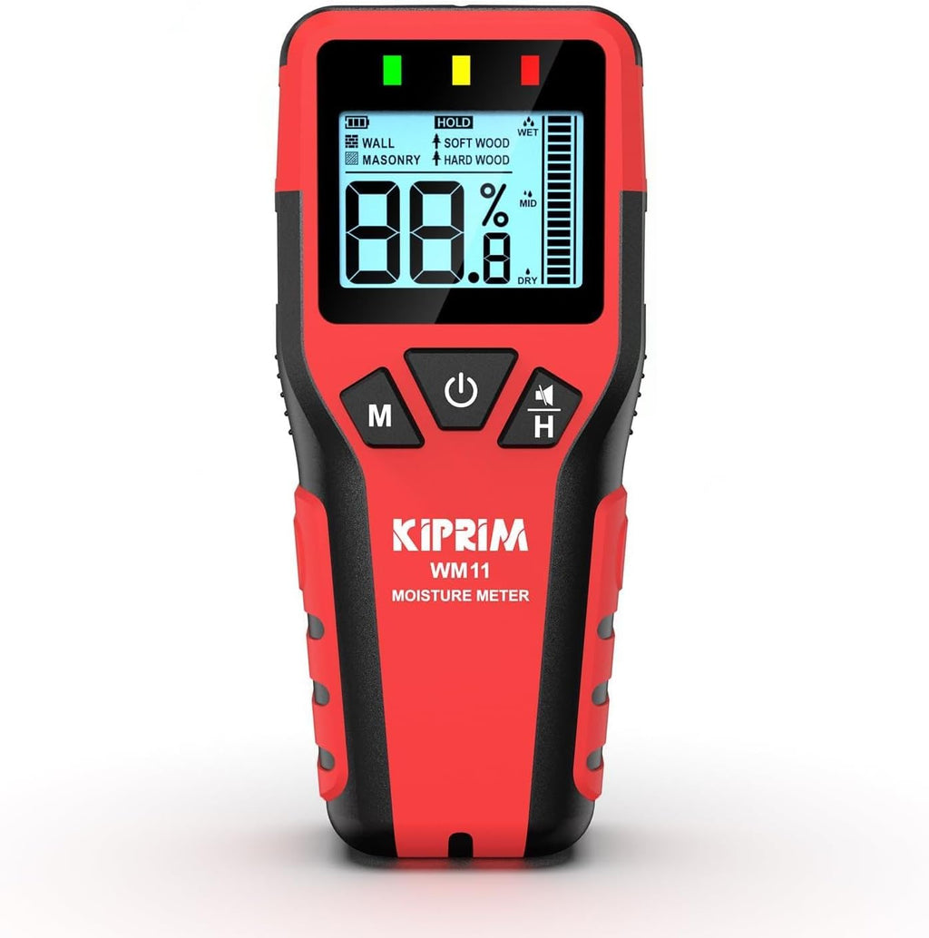 Kiprim WM11 Pinless Moisture Meter for Wood, Walls, Masonry – Accurate Non-Destructive Testing with Audible and Visual Alarm,4 Modes, Data Hold, and Mute Function