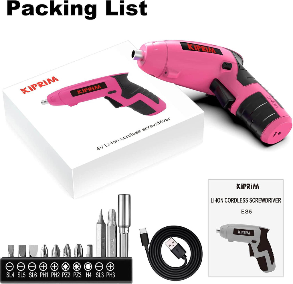Kiprim ES5 Pink Electric Screwdriver with packing list and accessories including bits and USB cable.