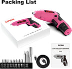Kiprim ES5 Pink Electric Screwdriver with packing list and accessories including bits and USB cable.