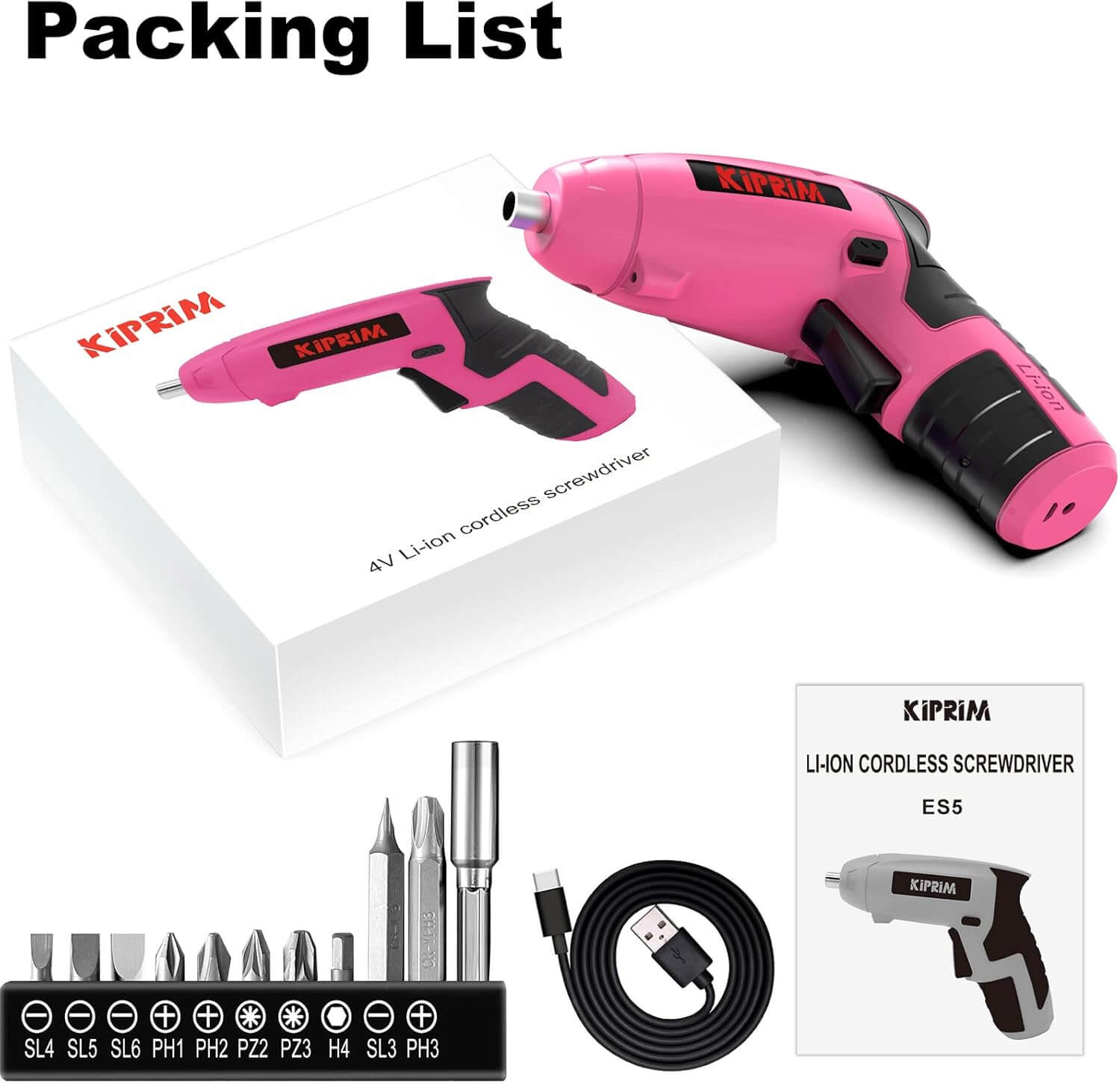 Kiprim ES5 Pink Electric Screwdriver with packing list and accessories including bits and USB cable.