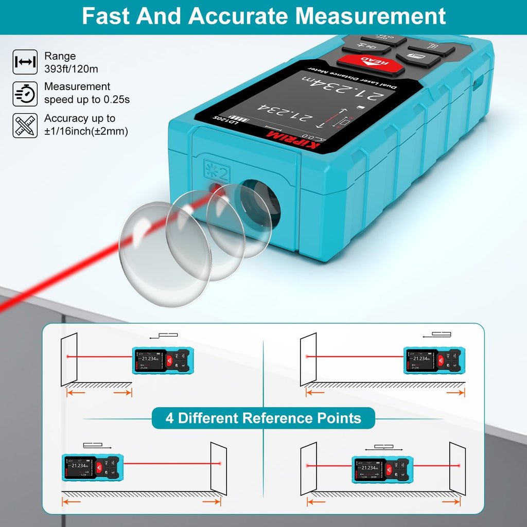 Kiprim 393ft Dual Laser Distance Measuring Tool LD120S, 120m Total Range, Electronic Level, Precise Measurements, and Pythagorean Function - Ideal for Construction, DIY, and Home Renovation