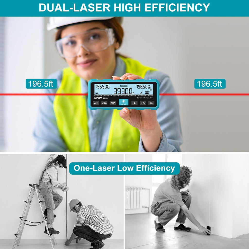 Kiprim DR120 Dual Laser Distance Meter with Bidirectional Laser Emission, Vertical Laser Marking Line, and Electronic Level, Measures in Meters, Feet, and Inches, 393ft/120m Range Rangefinder