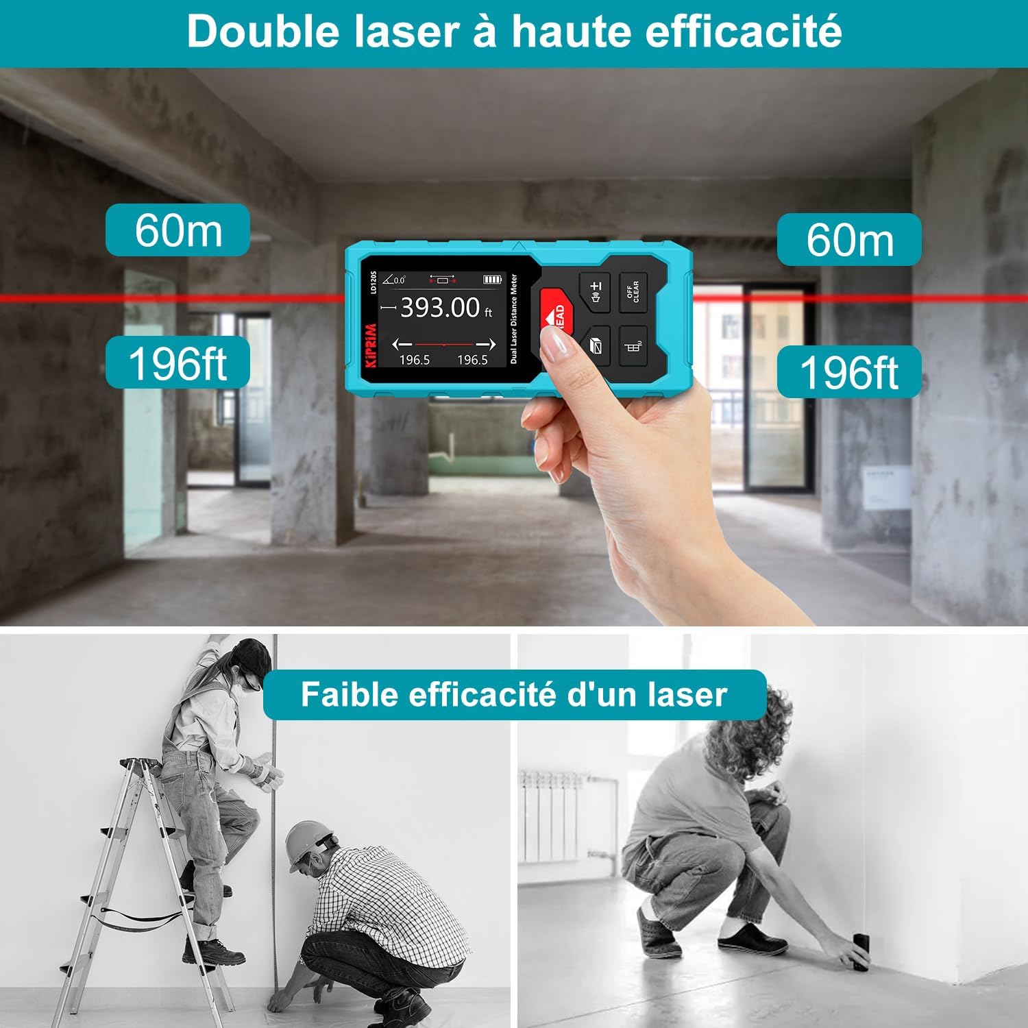 Kiprim® LD120S Laser-Entfernungsmesser 120 m mit digitalem Niveau, präziser Messung &amp; Pythagoras-Funktion