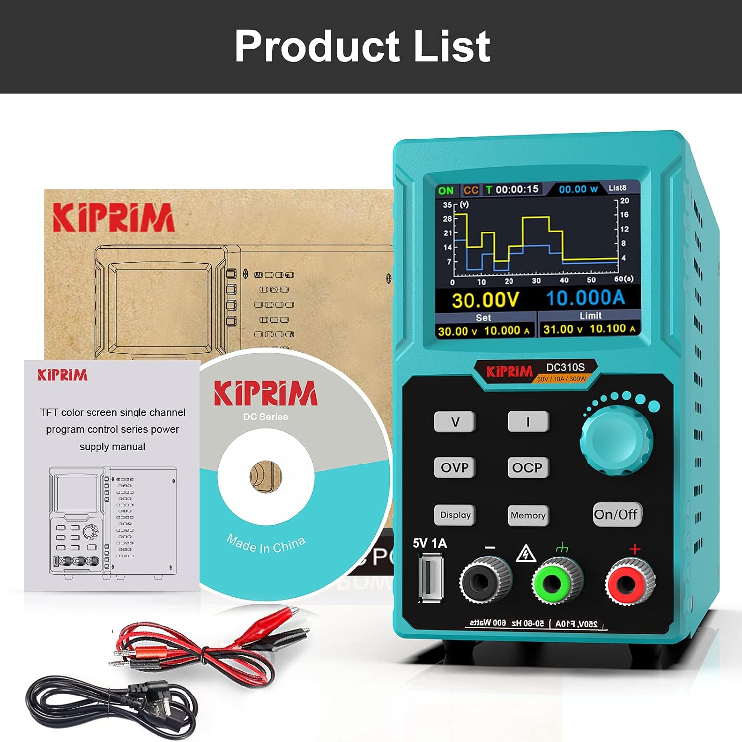 Kiprim® Programmierbares DC-Netzteil 0-30 V 0-10 A, 110 V, Hohe Präzision, USB-Ladung