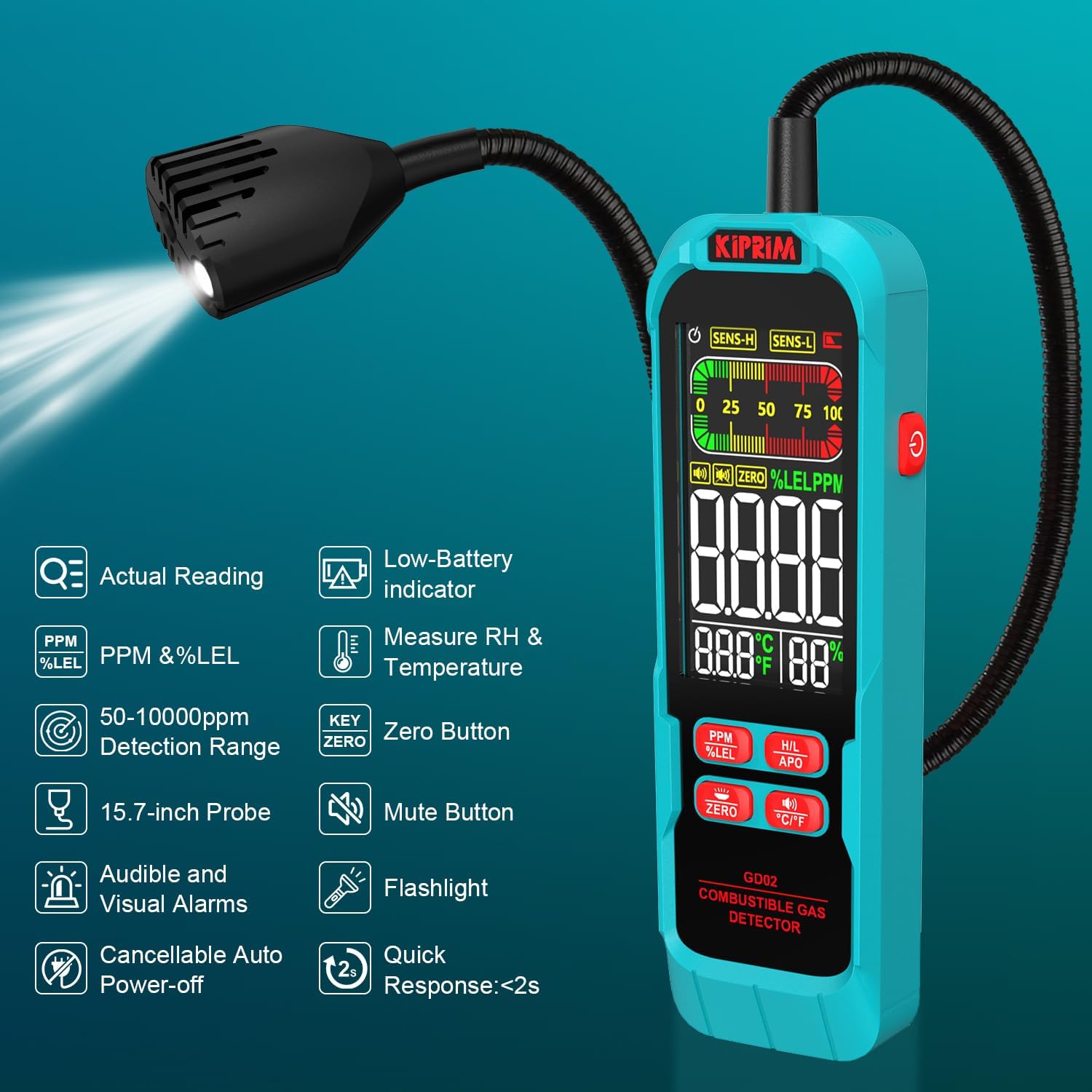 Kiprim® GD02 Gasmelder mit 40 cm Schwanenhals, Echtzeit-Gaskonzentration, akustischer &amp; visueller Alarm