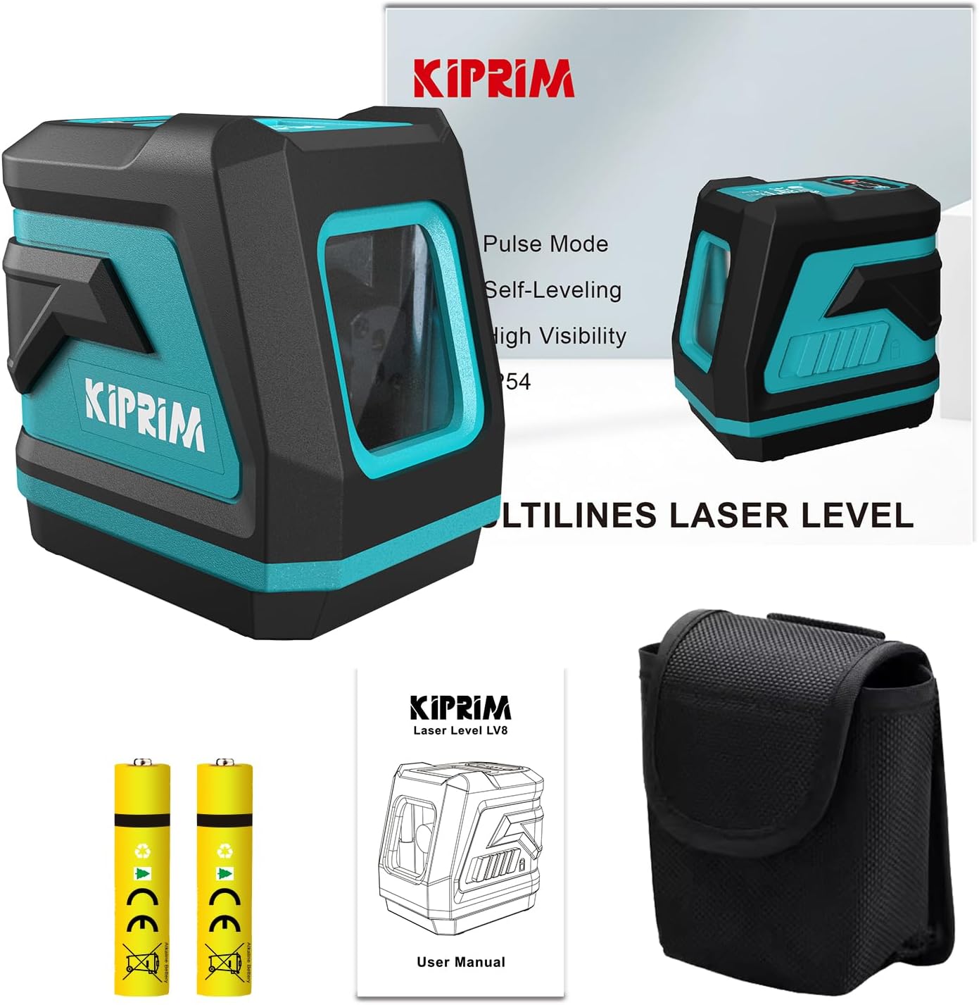 Kiprim® LV8 Grüner Laser-Kreuzlinienlaser mit Helligkeitsregulierung, Selbstnivellierung &amp; Pulsmodus, inkl. Batterien &amp; Tasche