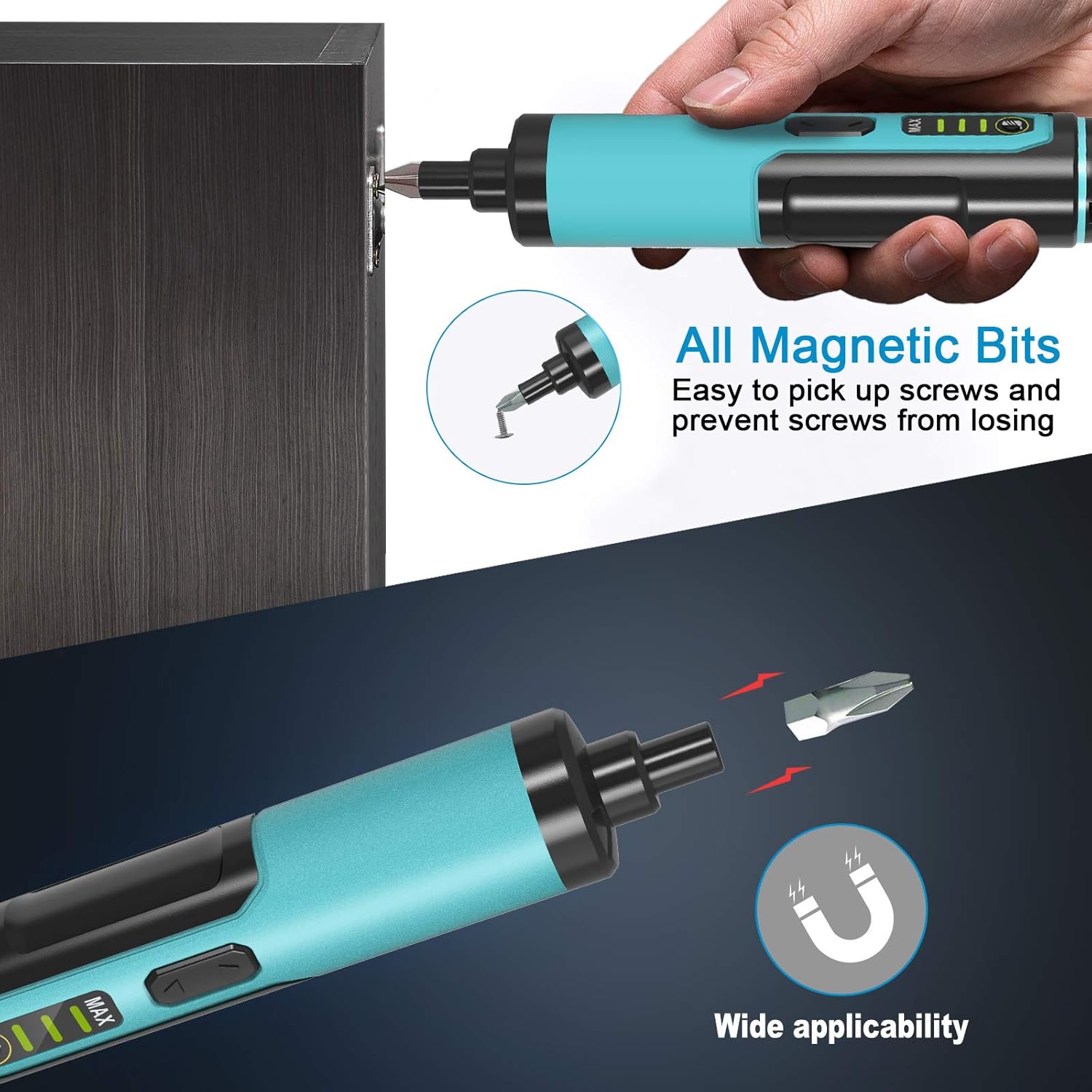 Kiprim® Elektrischer Schraubendreher 4V Akku mit 33 Magnetbits, Dual-LED, Carrybox &amp; Typ-C Kabel